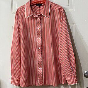 Foxcroft No-Iron Sz 24W Womens Blouse Shirt Long Sleeve Red/Black/White Striped